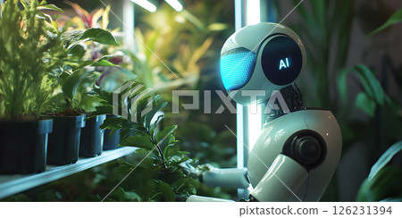 AI Robot Caring for Plants in a Futuristic Smart Greenhouse 126231394