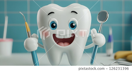 Cute Cartoon Tooth Mascot Holding Dental Tools in Clinic 126231396