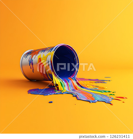 Spilled Paint Can with Vibrant Colors on Yellow Background 126231411