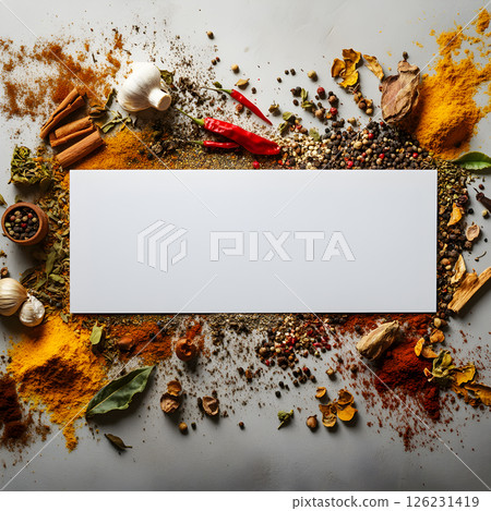 Blank Rectangular Card on Assorted Spices and Herbs Background 126231419