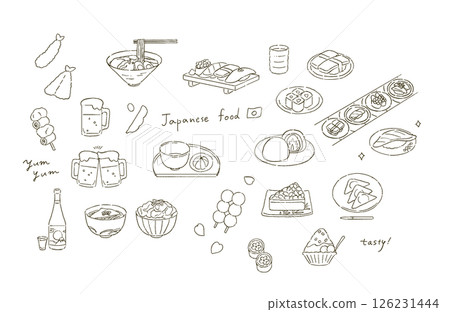 A set of illustrations of typical Japanese foods and sweets A set of illustrations of typical Japanese foods and sweets 126231444