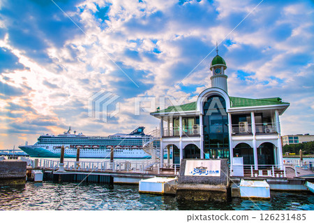 Yokohama cityscape in Japan, two luxury cruise ships, Norwegian Spirit and Queen, and Pukarisan Pier. 126231485