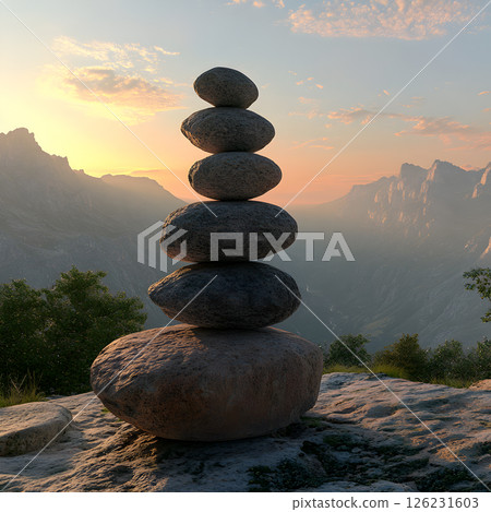Balanced Rock Cairn at Sunset in Mountain Landscape 126231603