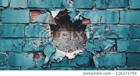 Hole in Cracked Blue Brick Wall with Peeling Paint Texture 126231704
