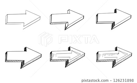 Step by step drawing of arrow, coloring of arrows in doodle style, black and white doodle arrows on white background, set of doodle hand drawn arrows, collection of pointers for design, arrow symbol Step by step drawing of arrow, coloring of arrows in doodle style, black and white doodle arrows on white background, set of doodle hand drawn arrows, collection of pointers for design, arrow symbol 126231898