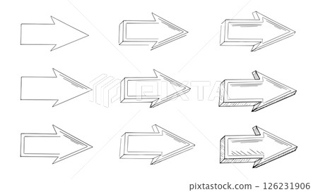 Collection of pointers hand drawn, set of doodle arrows drawn with ink for design and decoration, step by step drawing of arrows, coloring of arrows on white background, black and white arrows Collection of pointers hand drawn, set of doodle arrows drawn with ink for design and decoration, step by step drawing of arrows, coloring of arrows on white background, black and white arrows 126231906