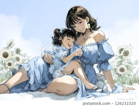 Illustration material of a girl and her mother walking in a sunflower field Illustration material of a girl and her mother walking in a sunflower field 126232320