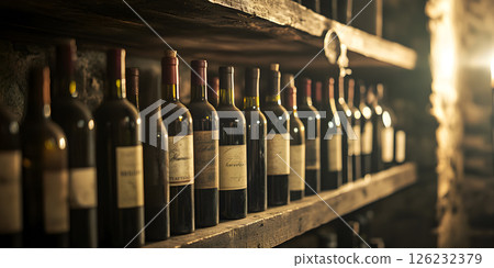 Vintage wine bottles on rustic wooden shelves Vintage wine bottles on rustic wooden shelves 126232379