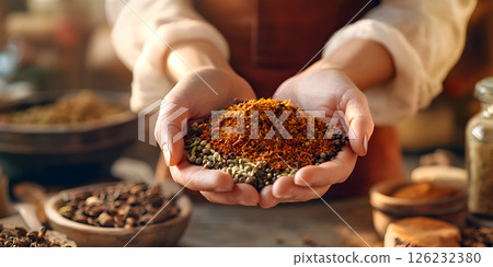 Hands holding colorful ground spices mix Hands holding colorful ground spices mix 126232380