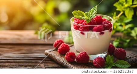 Glass of yogurt with raspberries and mint 126232385