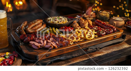 Traditional german meat platter with sausages and pretzels 126232392
