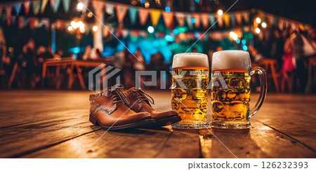 Beer festival celebration with shoes and mugs on floor 126232393
