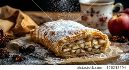 Apple strudel with powdered sugar and tea 126232394