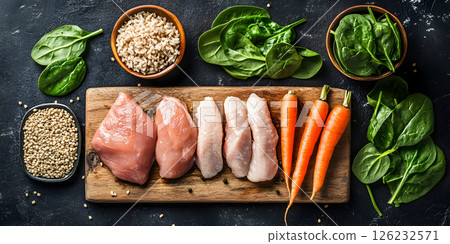 Raw chicken cuts with spinach, rice and carrots 126232571