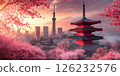 Tokyo skyline with cherry blossoms and pagoda at sunset 126232576