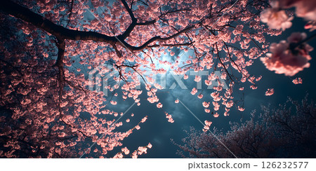 Cherry blossoms at night under moonlight sky 126232577