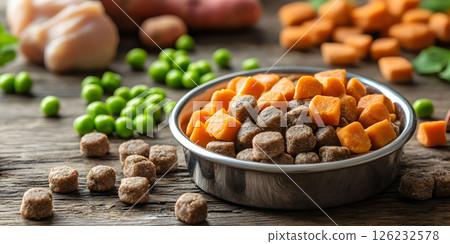 Natural dog food with sweet potato and peas 126232578