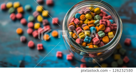 Tiny colorful candies in a glass jar on blue background 126232580
