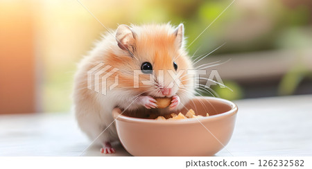 Cute fluffy hamster eating from a bowl 126232582
