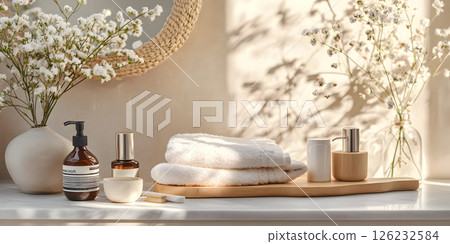 Minimalist bathroom spa set with natural decor 126232584