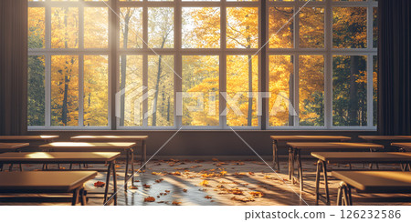 Autumn sunlight in empty classroom interior 126232586