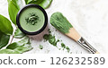 Green clay facial mask with brush and leaves 126232589