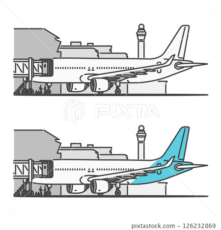 Stock Illustration: Domestic and short-distance passenger aircraft, boarding with PBB (Passenger Boarding Bridge) 126232869