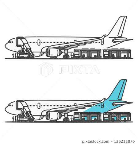 Stock Illustration: International and long-distance passenger aircraft, parking areas, open spots, boarding at offshore stops and bus gates Stock Illustration: International and long-distance passenger aircraft, parking areas, open spots, boarding at offshore stops and bus gates 126232870