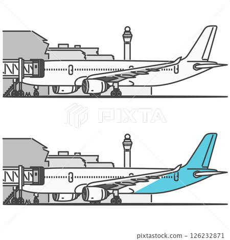 Stock Illustration: International and long-distance passenger aircraft, boarding with PBB (Passenger Boarding Bridge) 126232871