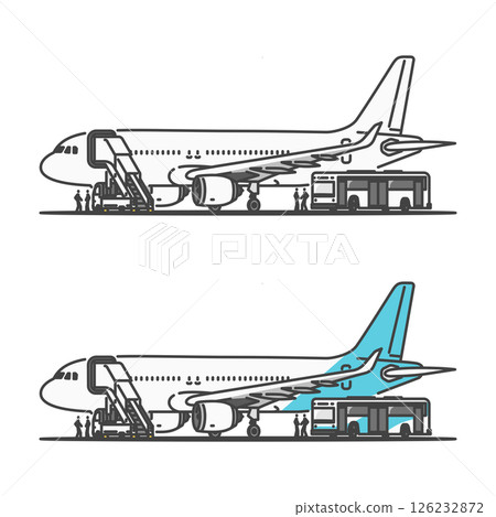 Stock Illustration: Domestic and short-distance passenger aircraft, parking areas, open spots, boarding at offshore stops and bus gates 126232872