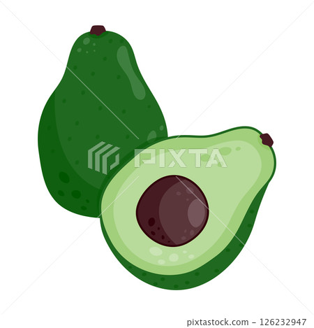 Green avocado, whole and cut in half. A healthy natural fruit. Vector illustration is isolated on a white background. 126232947