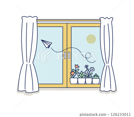 Color illustration of a window with potted plants on the windowsill 126233011