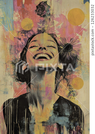 Contemporary art collage of happy woman with flowers, Illustration poster, Eclectic style, Generative AI 126233032