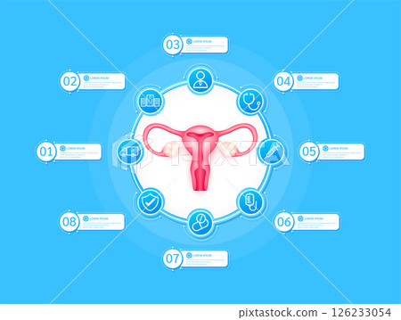 Uterus health care infographic with presentation timeline steps medical research. And stethoscope, syringe, saline, drug, ambulance car, doctor. Style icons on blue background. Vector illustration. Uterus health care infographic with presentation timeline steps medical research. And stethoscope, syringe, saline, drug, ambulance car, doctor. Style icons on blue background. Vector illustration. 126233054