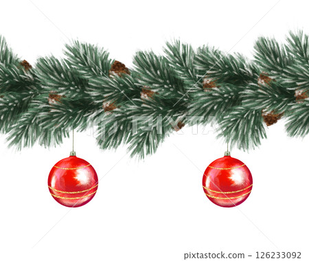 Hand-drawn seamless border featuring pine branches, cones, and red ornaments, perfect for Christmas decor, holiday greeting cards, and festive frames. 126233092