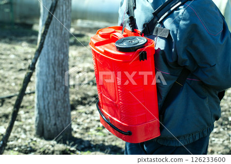 A retired man treats trees and bushes with an electric sprayer against pests and diseases in the spring, background 126233600