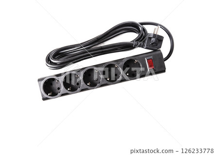 Modern black electrical filter with socket connectors on white background, isolate. 126233778
