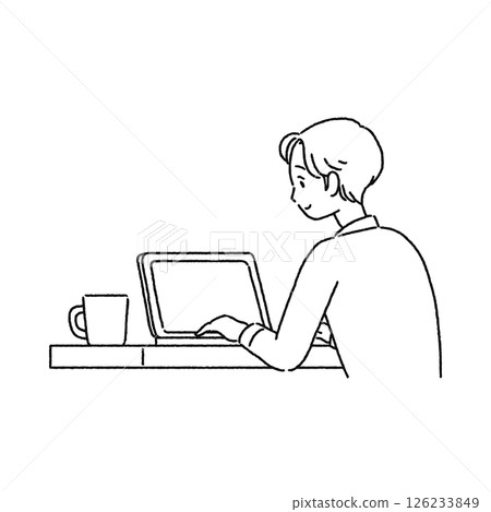 Man operating a laptop computer Line drawing Man operating a laptop computer Line drawing 126233849