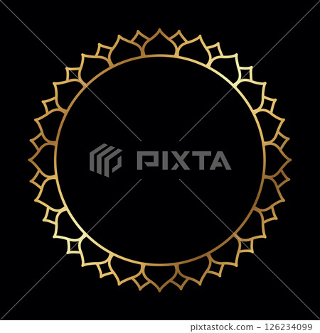 Elegant Golden Lacy Round Frame Vector with Ethnic and Ornamental Design on Black 126234099