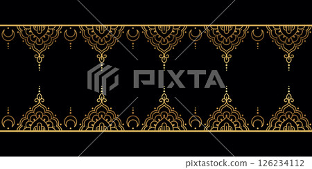 Intricate Seamless Henna Mehndi Ornament Border in Golden Tones on Black Background 126234112