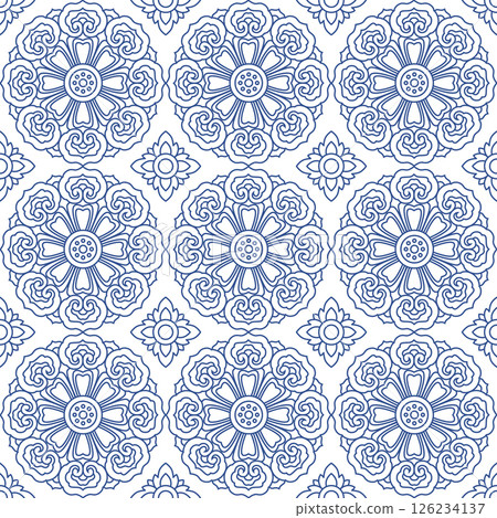 Blue Ornamental Seamless Pattern with Buddhist Wheel of Samsara and Azulejo Tile Motifs Blue Ornamental Seamless Pattern with Buddhist Wheel of Samsara and Azulejo Tile Motifs 126234137