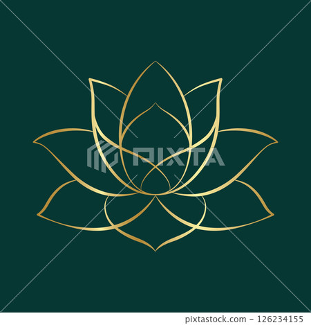 Simple lotus flower line drawing gold on green background. Lotus Blossom Symbol Icon. Logo 126234155