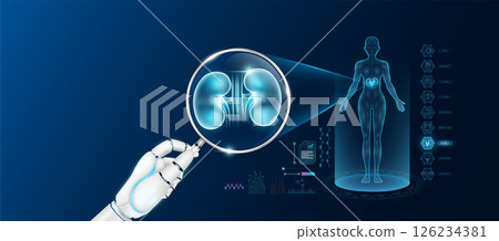 Doctor robot hand holding magnifying glass looking kidney analysis and anatomy hologram of the female body. Diagnosis with AI artificial intelligence technology. Innovative medical healthcare. Vector 126234381