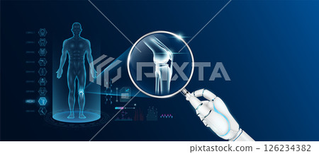 Doctor robot hand holding magnifying glass looking bone knee analysis diagnosis with AI artificial intelligence technology. Anatomy hologram of the male body. Innovative medical healthcare. Vector. 126234382