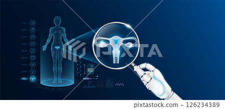 Doctor robot hand holding magnifying glass looking uterus analysis and anatomy hologram of the female body. Diagnosis with AI artificial intelligence technology. Innovative medical healthcare. Vector 126234389