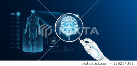 Doctor robot hand holding magnifying glass looking brain analysis and anatomy hologram of the male body. Diagnosis with AI artificial intelligence technology. Innovative medical healthcare. Vector Doctor robot hand holding magnifying glass looking brain analysis and anatomy hologram of the male body. Diagnosis with AI artificial intelligence technology. Innovative medical healthcare. Vector 126234391