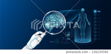 Doctor robot hand holding magnifying glass looking brain analysis and anatomy hologram of the female body. Diagnosis with AI artificial intelligence technology. Innovative medical healthcare. Vector Doctor robot hand holding magnifying glass looking brain analysis and anatomy hologram of the female body. Diagnosis with AI artificial intelligence technology. Innovative medical healthcare. Vector 126234392