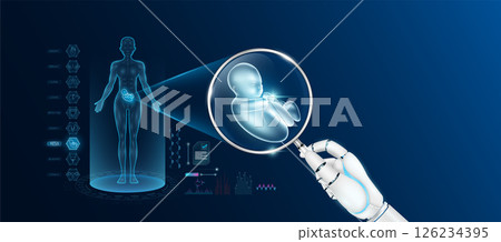 Doctor robot hand holding magnifying glass looking fetus analysis and anatomy hologram of the female body. Diagnosis with AI artificial intelligence technology. Innovative medical healthcare. Vector Doctor robot hand holding magnifying glass looking fetus analysis and anatomy hologram of the female body. Diagnosis with AI artificial intelligence technology. Innovative medical healthcare. Vector 126234395