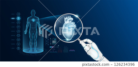 Doctor robot hand holding magnifying glass looking heart analysis diagnosis with AI artificial intelligence technology. Anatomy hologram of the male body. Innovative medical healthcare. Vector. 126234396
