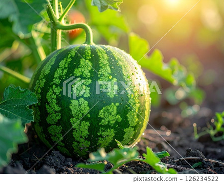 Fresh watermelons growing in the fields 126234522